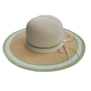 Wide Brim Straw Sun Hat in Green Tan and White by Fancet Size M